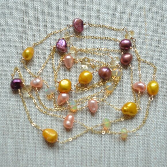Long Pearl and Gemstone Wrap Necklace in Gold - Picture 5 of 10